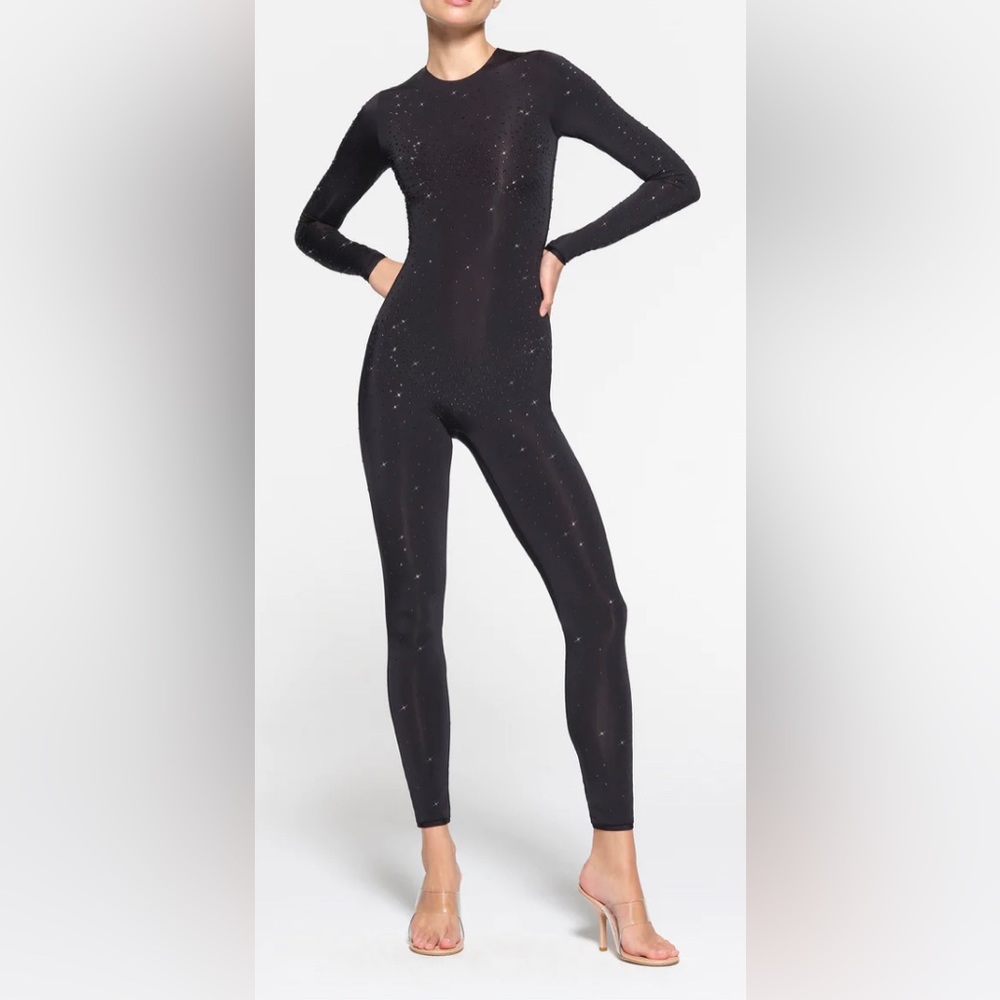 💎🎄SWAROVSKI X SKIMS💎🎄JELLY SHEER LONG SLEEVE CATSUIT- ONYX XXS NWT